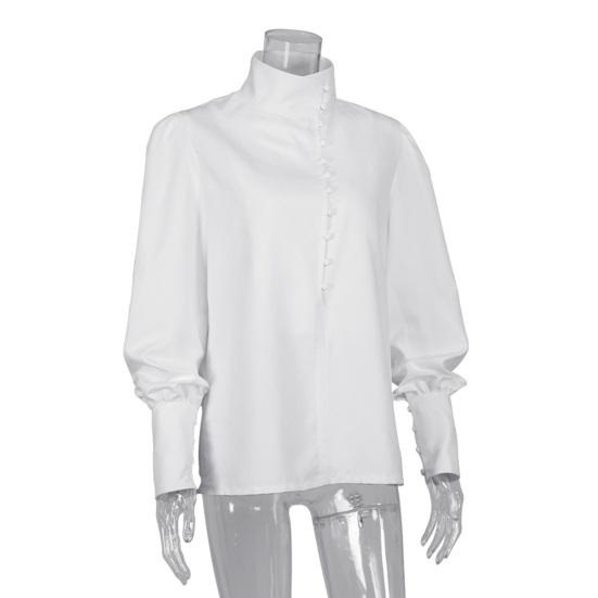 Yousheng Women Shirt Long Sleeve Stand-Up Collar Regular Fit Casual Shirt Buttons Half Placket Pure Color Office Lady Tops