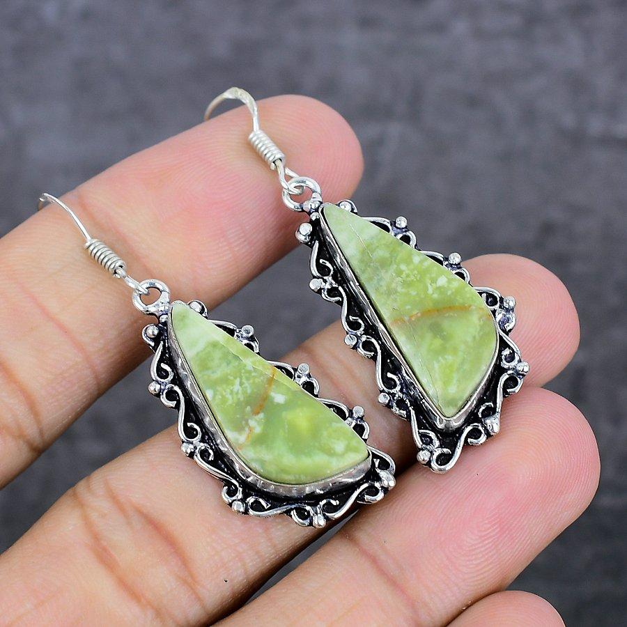 Swiss Green Opal Gemstone 925 Sterling Silver Jewelry Earring 2.05"