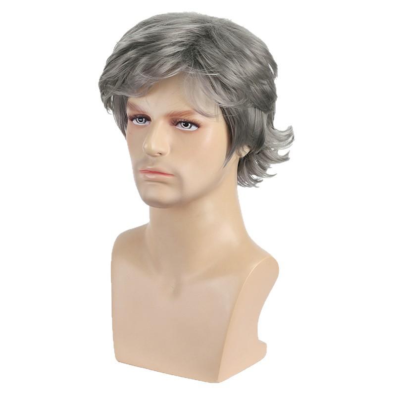 Men Synthetic Short Black Gray Wigs with Bangs Layered Wave Grey Hair for Daily Party Cosplay Heat Resistant Fibre