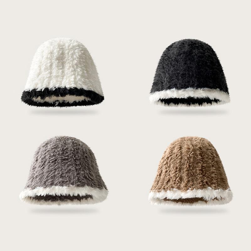 Plush Fisherman Hat for Women In Autumn and Winter Korean New Style Face-showing Small Knitted Basin Hat Small Fragrance Style Winter Warm Bucket Hat