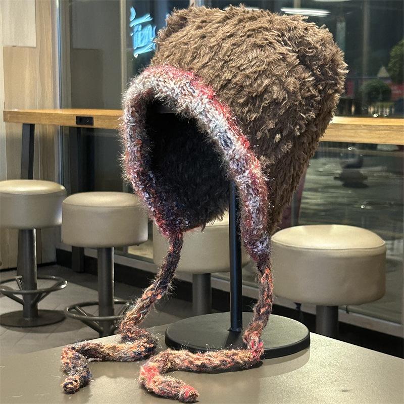 Cute Hat with Velvet and Thickening Autumn and Winter New Style with Face Cartoon Ears Cycling Hat Ear Protection Warm Hat for Women