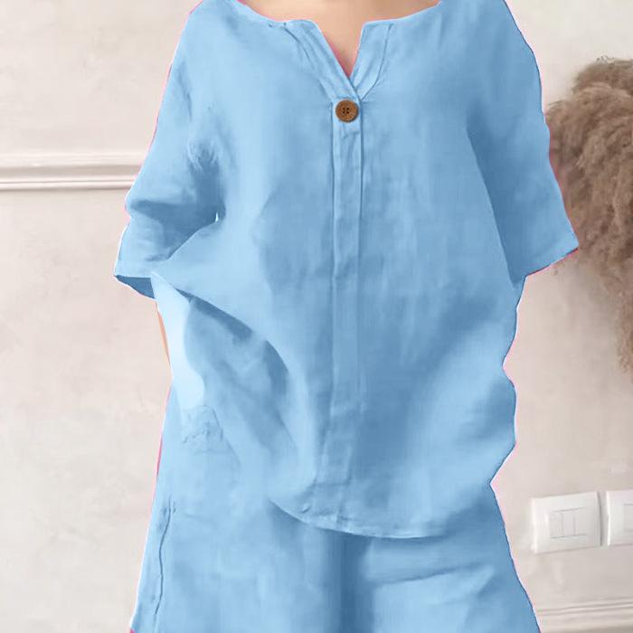 2025 Stylish Women's Solid Color Two-Piece Set: Loose Top & High Waist Shorts