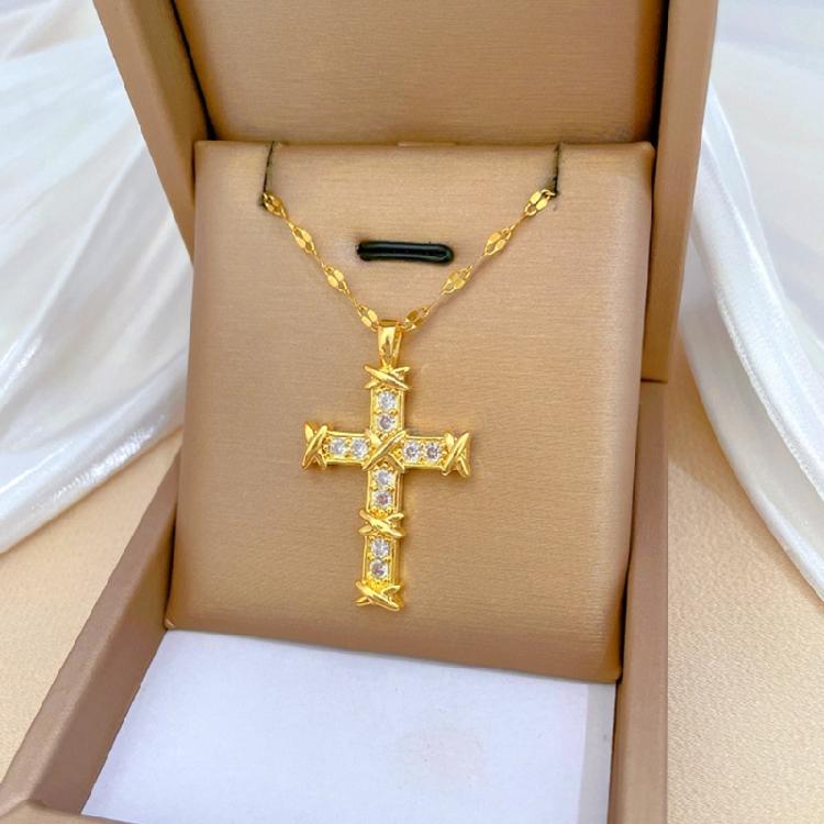 Contemporary Crucifix Shaped Necklace Crystal Embellishments Hypoallergenically Titanium Alloy Jewelry Gift