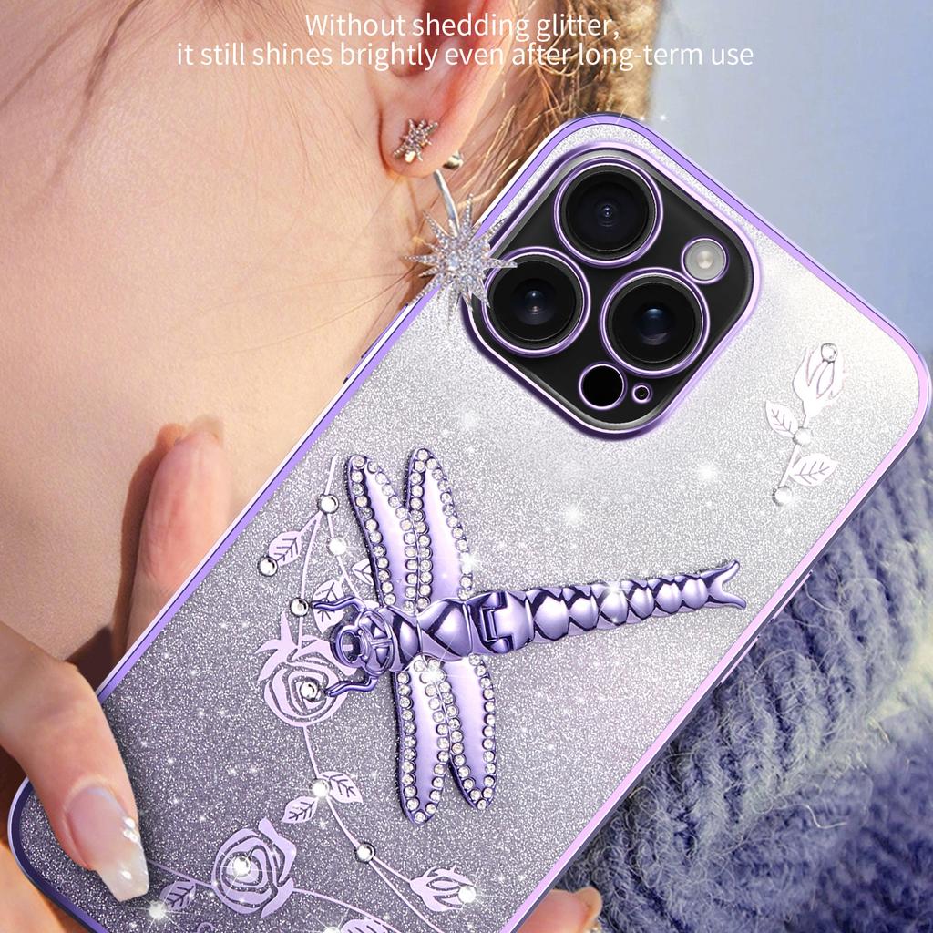 KADEM For iPhone 16 Pro Max Case Dragonfly Kickstand TPU Flowers Glitter Phone Cover