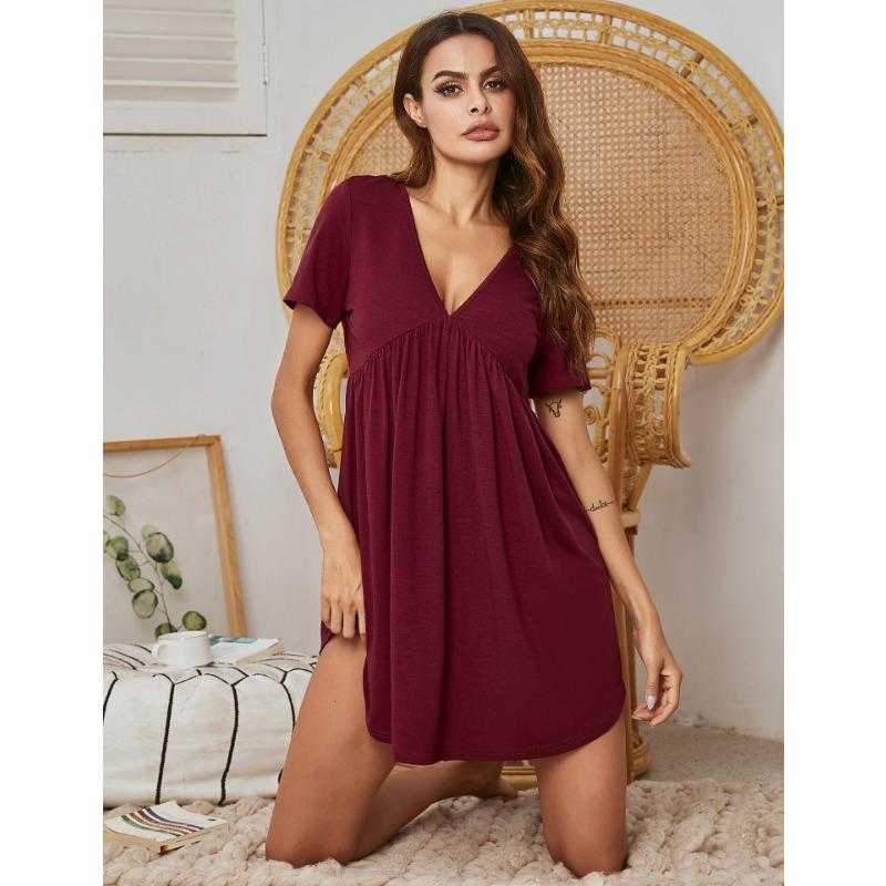 

Летняя ночная рубашка большого размера, женская домашняя одежда, пижамы с короткими рукавами, v-образным вырезом, ночные рубашки большого размера XXL вино красного