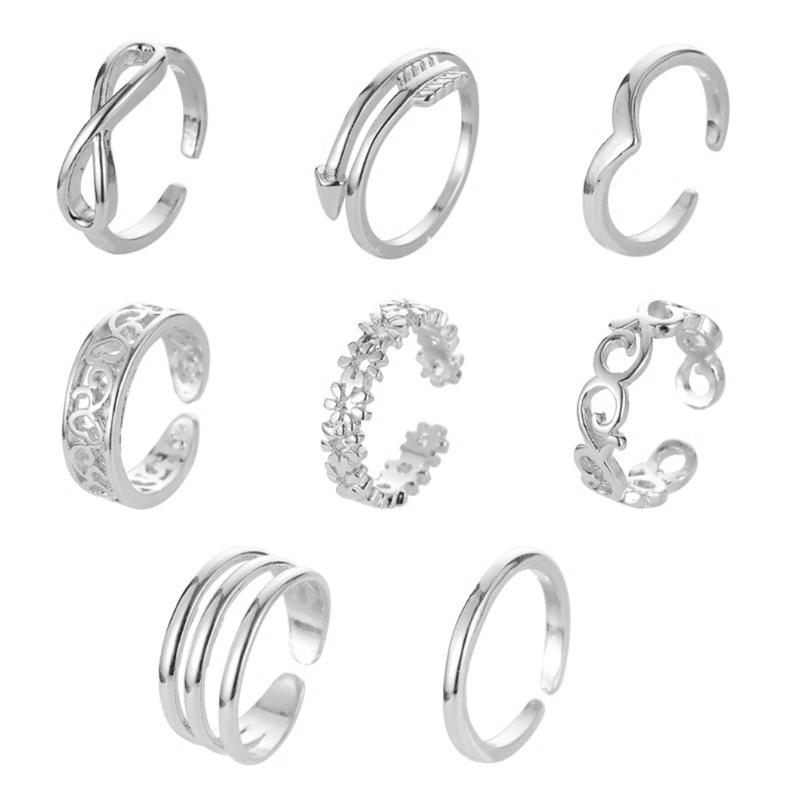 8pcs Open Toe Rings Flower Hollow Band Vintage Toe Ring Set Adjustable Women Summer Beach Jewelry