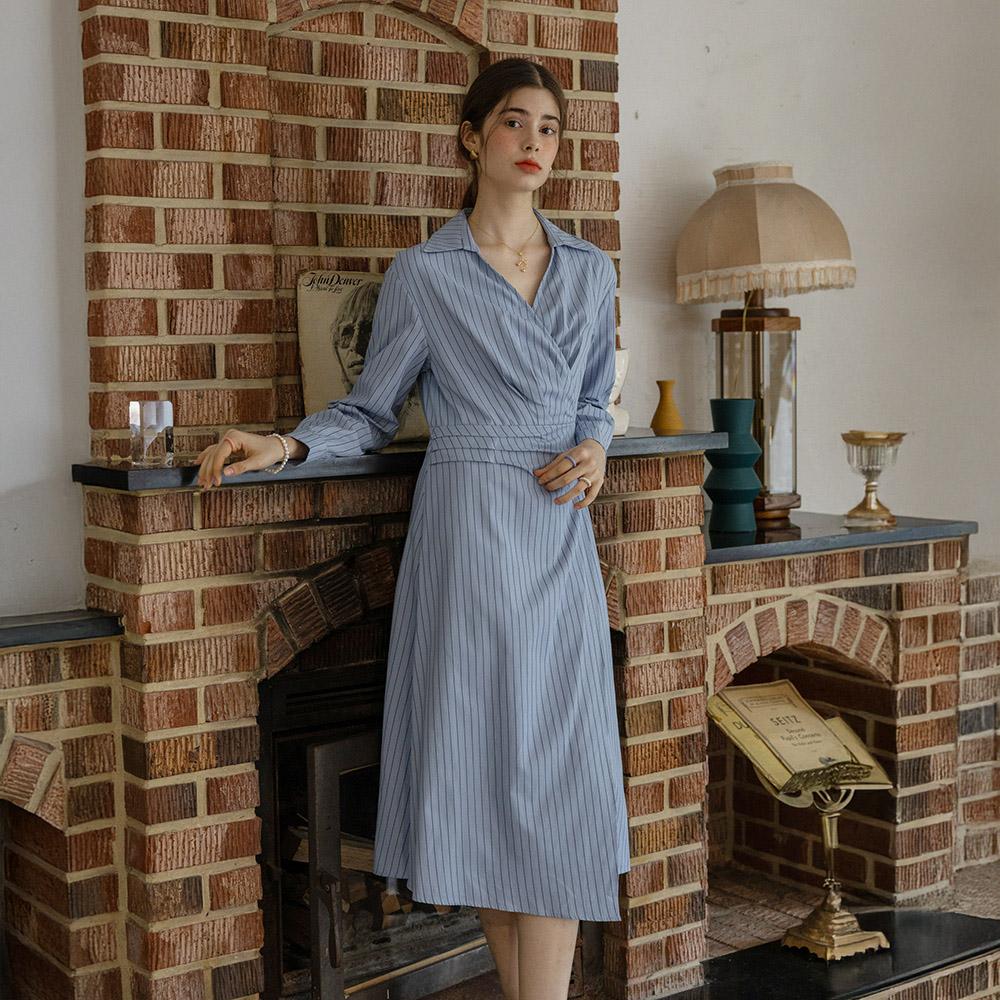 Peulaudeumali Pm_V-Neck Stripes Long Sleeves Dress_Blue