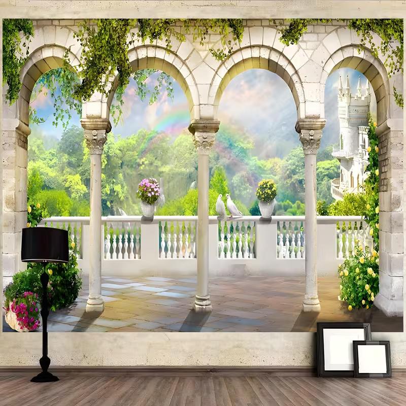 2D Castle Balcony Backdrop with Arches and Rainbow Photography Background