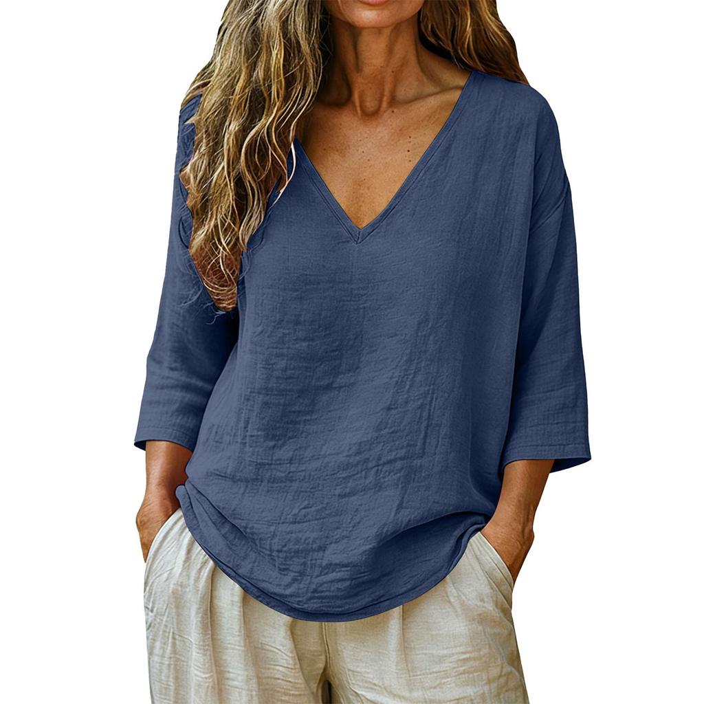 Donna Nuova Primavera Estate Cotone Slub Manica 3/4 Scollo a V Top, Blusa Casual Moda Larga