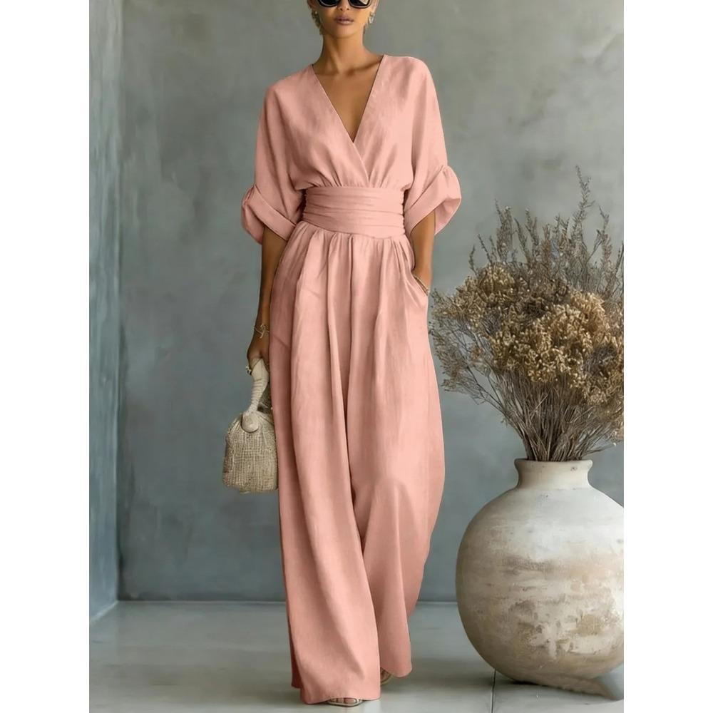 Women Spring Summer New V-neck Waist Slim Elegant Jumpsuit