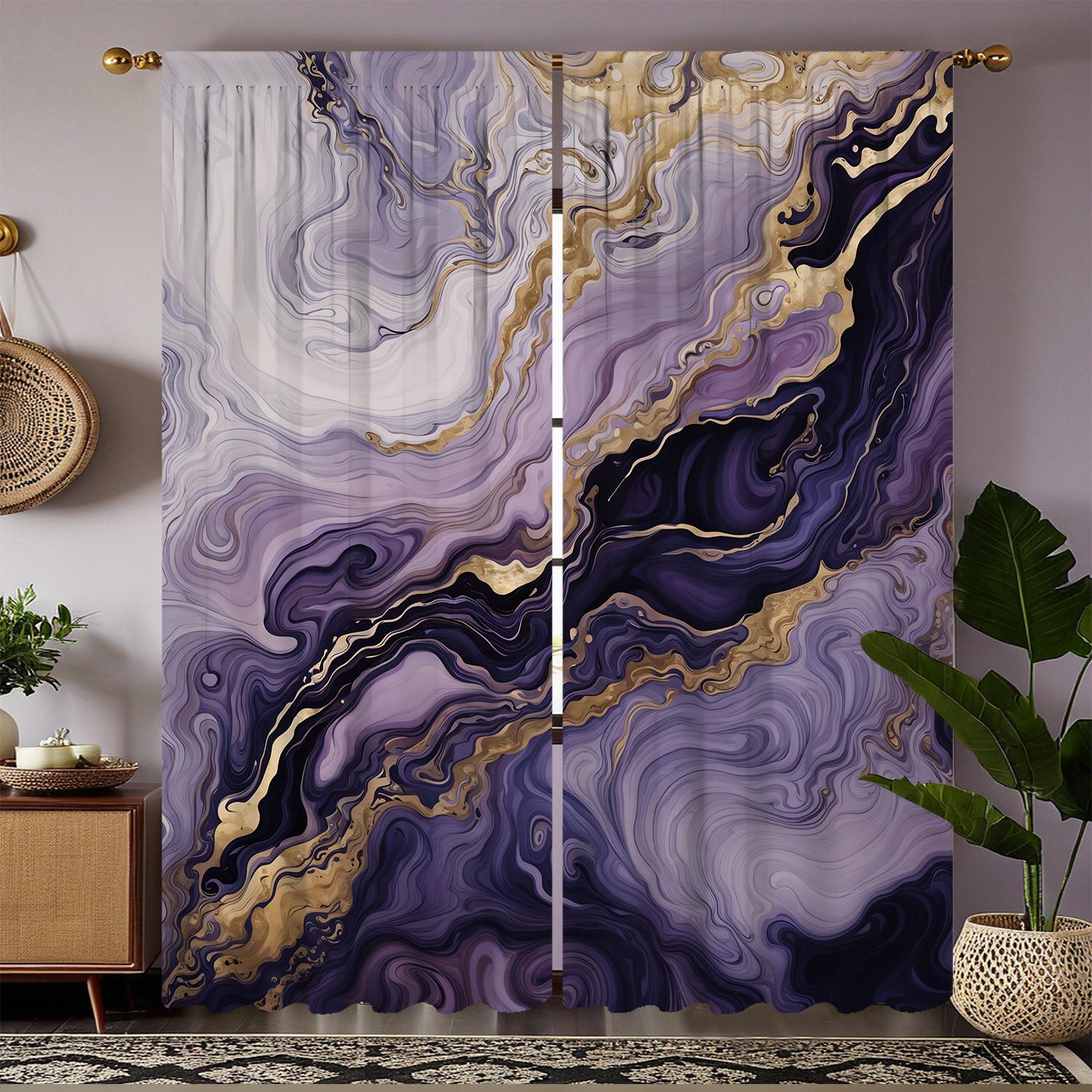 

Purple Gold Wave Pattern Curtains Polyester Fabric Suitable Bedroom Living Room Decoration Curtain Made Of Washable Great Ready W100*H70(CM)-Grommet top&2PCS