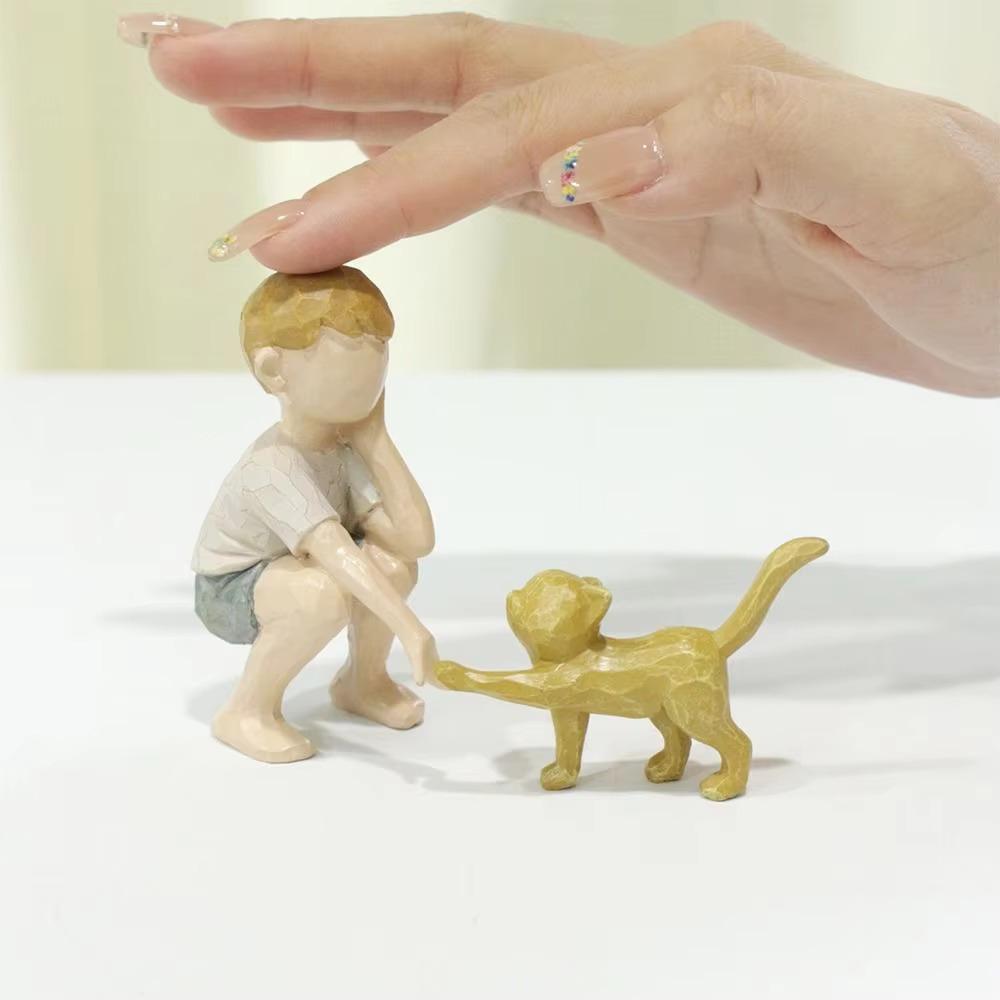 2Pcs/set Resin Crafts Boy Cat Figurines Hand-Painted Hand Carving Sculpture  Desktop