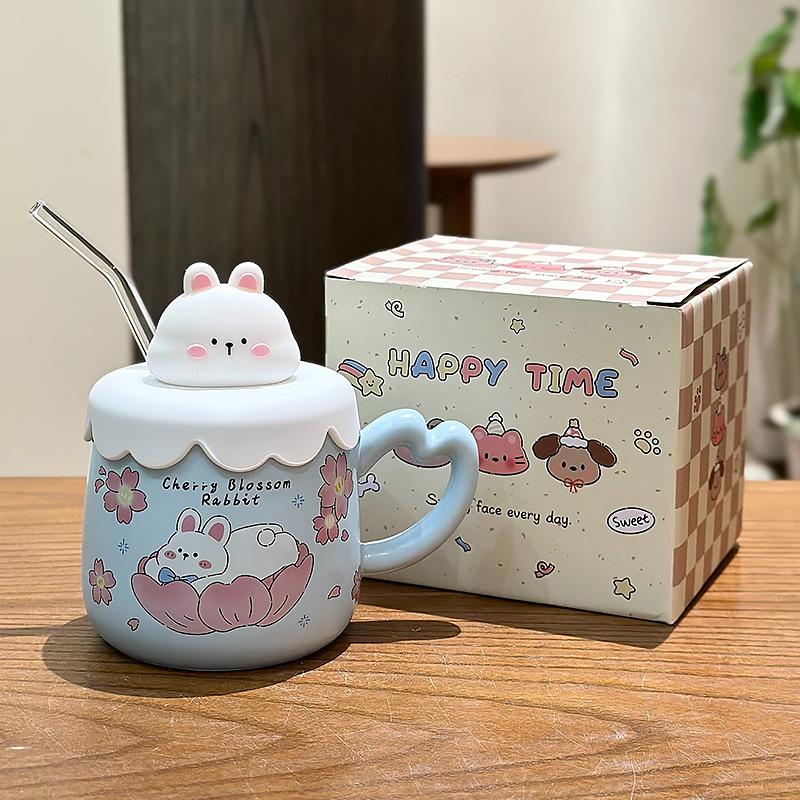 Cute Bunny Straw Mug With Lid Tea Cup Beer Mugs Coffee Cups Original Breakfast Cups Drinkware Personalized Gift Christmas Funny
