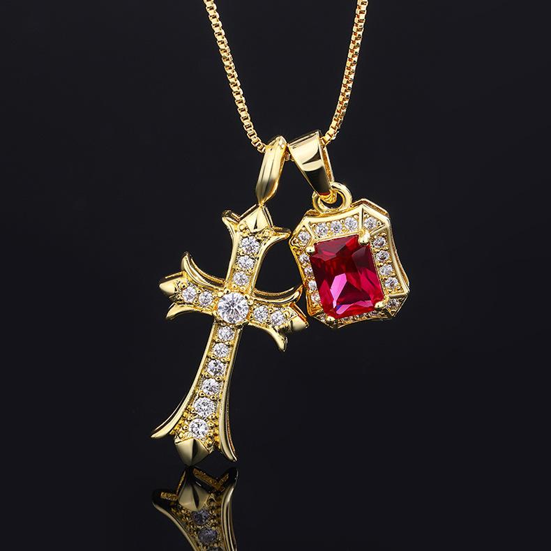 Design Sense Diamond Emerald Cross Necklace Pendant Sweet Cool Hip Hop Band Diamond Gem Spice Collarbone Chain