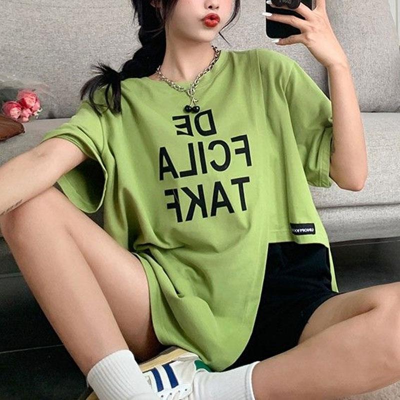 Fashion Asymmetrical Split Pullovers Women's Clothing Short Sleeve Korean Loose Spliced Summer Casual Letter Printed T-shirt New