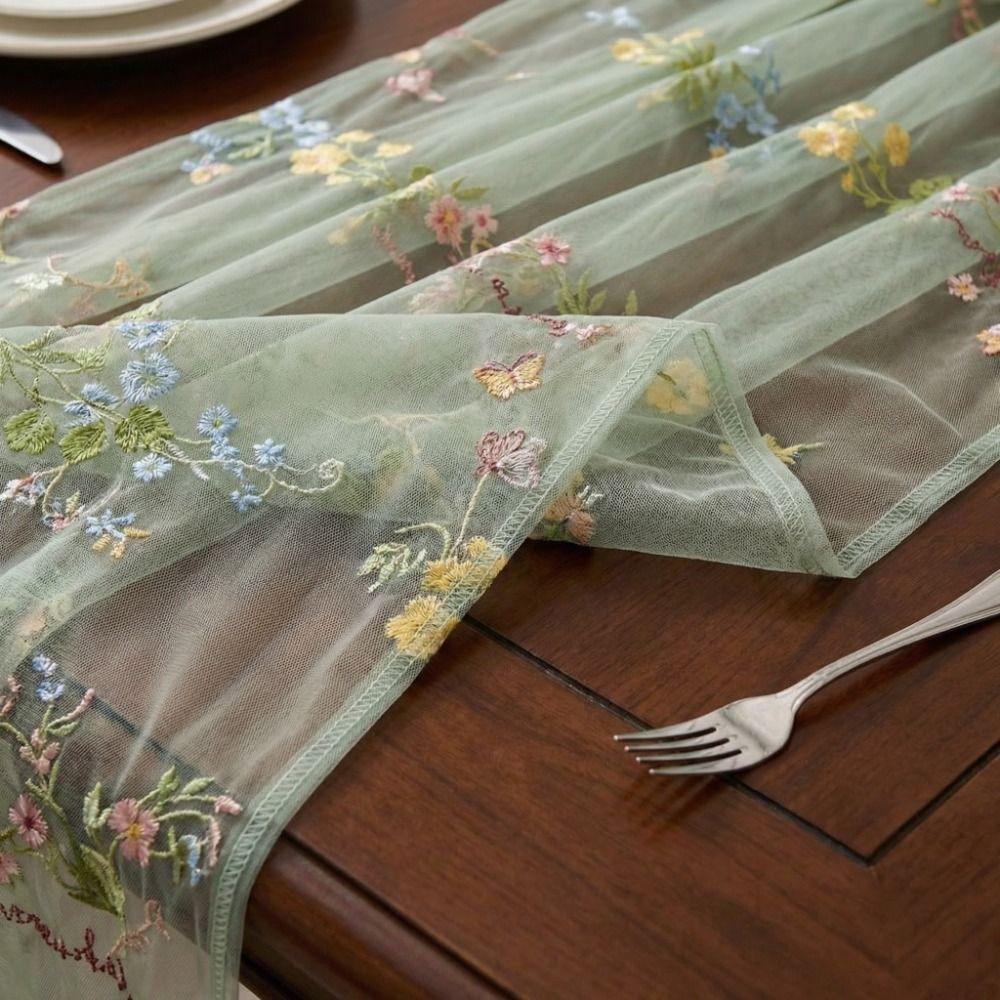 French Vintage Embroidered Floral Table Runner Romantic Fresh Color Wrinkled Table Runner Semi-Transparent Tulle Table Runner