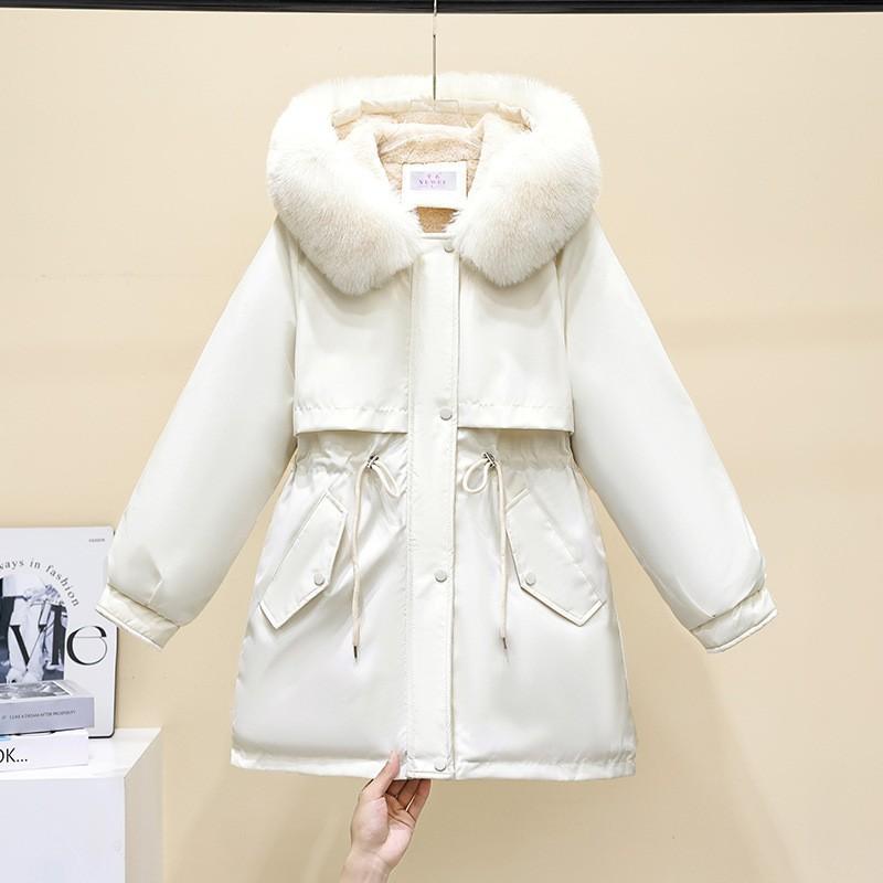 Womens Winter Parka With Fur Hood Fleece Lined Slim Fit Thick Cotton Coat