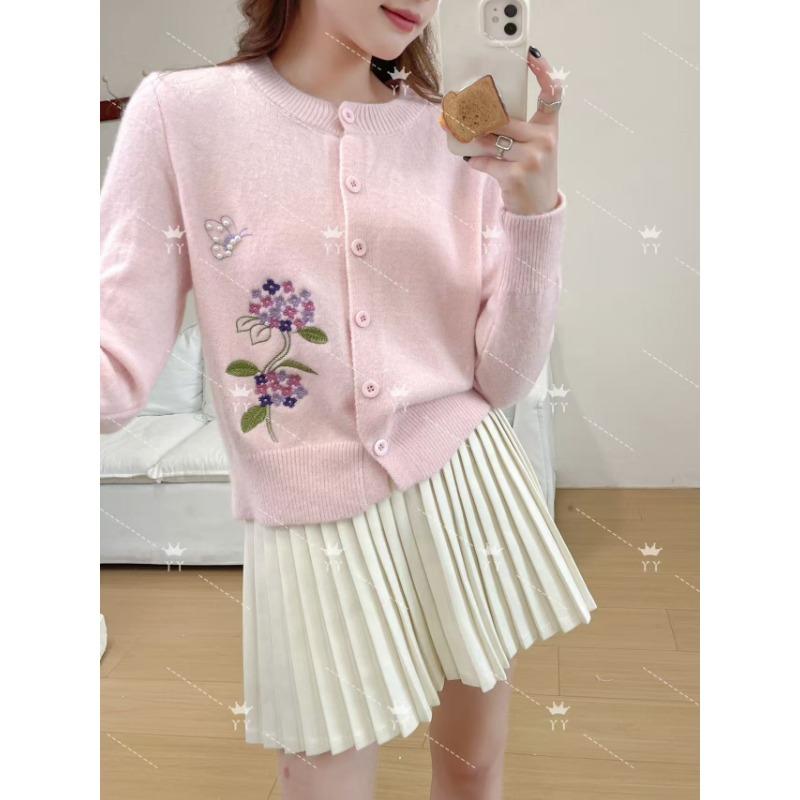 

Осень и зима новый трикотажный кардиган с круглым вырезом, вышивкой, на одной пуговице, в стиле ретро, простой и универсальный, свободного кроя, тонкий, женский свитер-жакет розовый