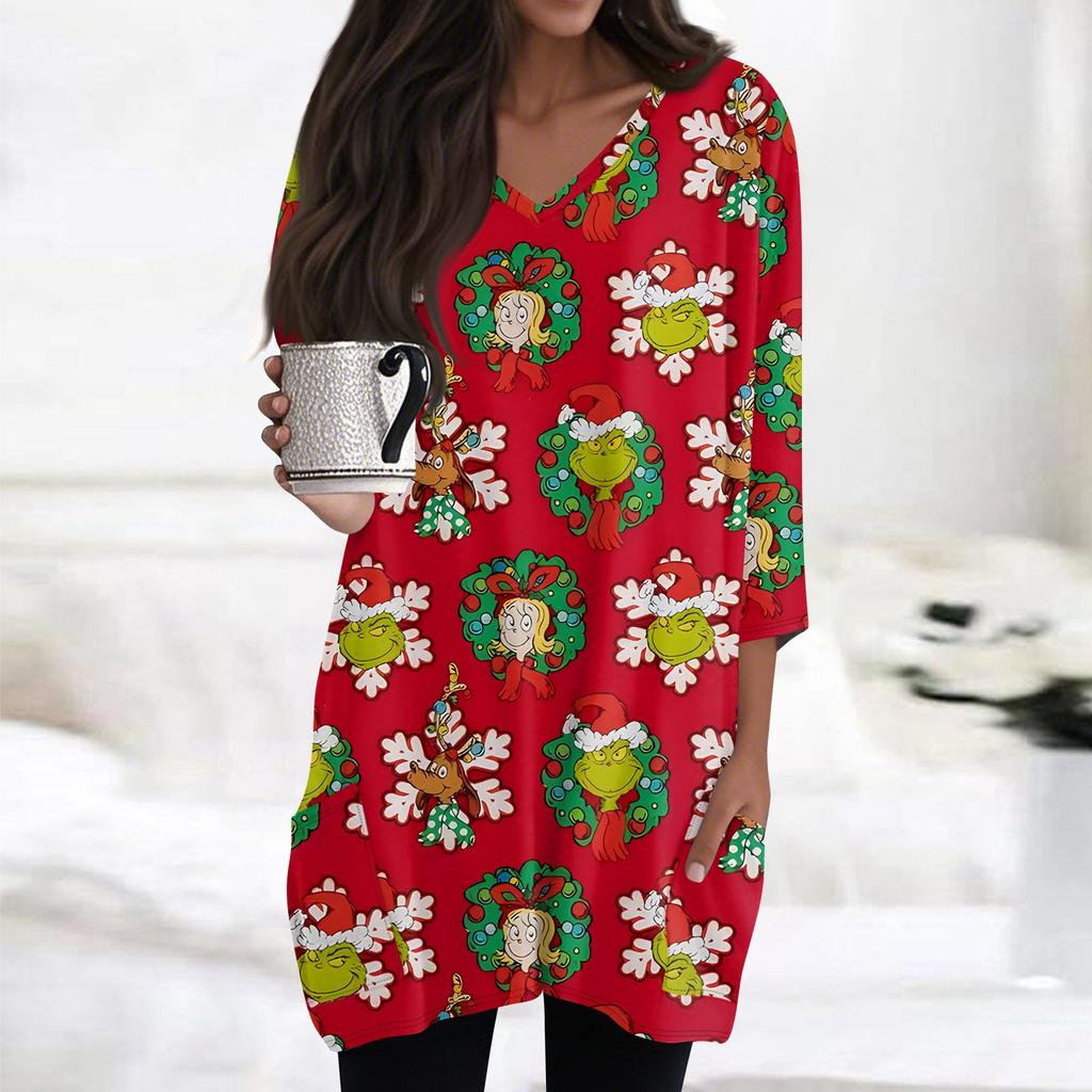 Womens Tops V-neck 3/4 Sleeve Blouses Casual Mid-length Shirts Fashion Christmas Print Tunic Tops With Pockets