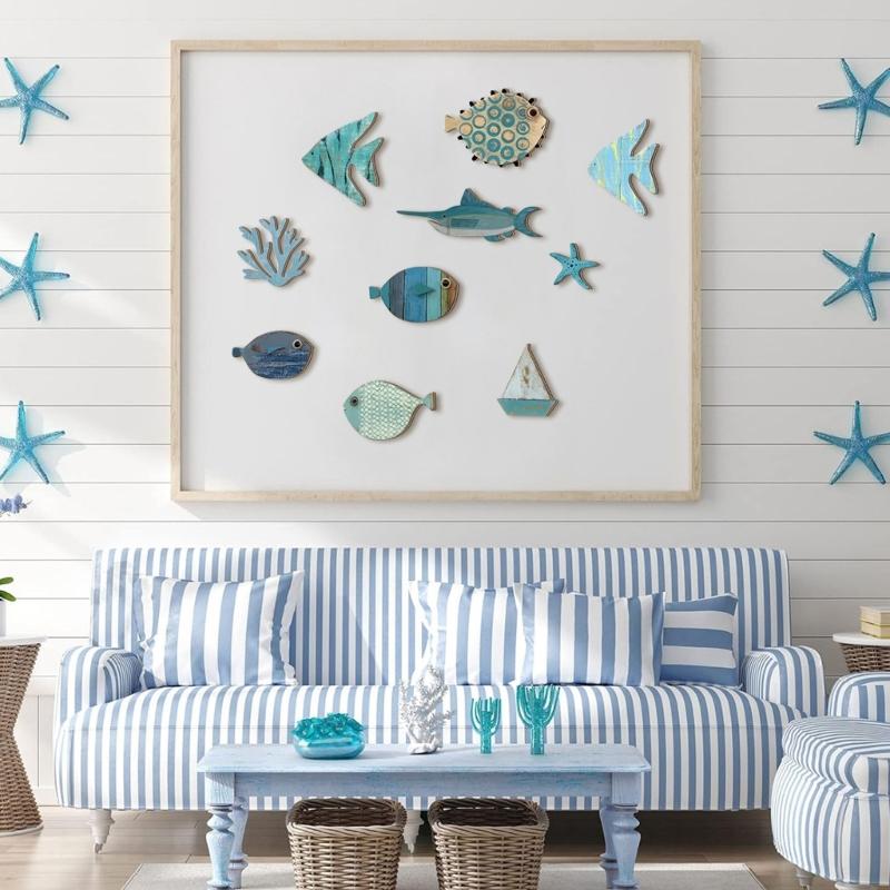 Handcrafted Wooden Fish School Wall Art Hanging Sculpture Ornaments Set For Coastal Nursery Decors Beach Theme Design