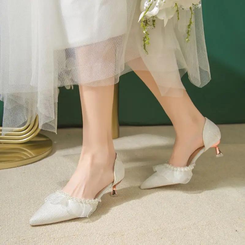 Fashion Pearl Stilito Ladies Pumps Women's Shoes with Medium Heels Pointed Toe Korean Style Genuine Mark Summer 2025 Chic and Elegant 39