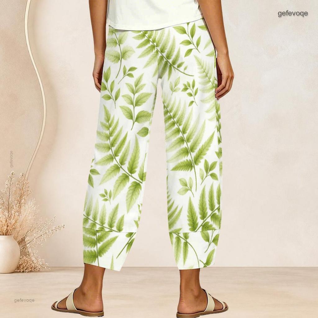 Women Plus Size Loose Deer And Leaf Printed Cross Hem Cropped Pants