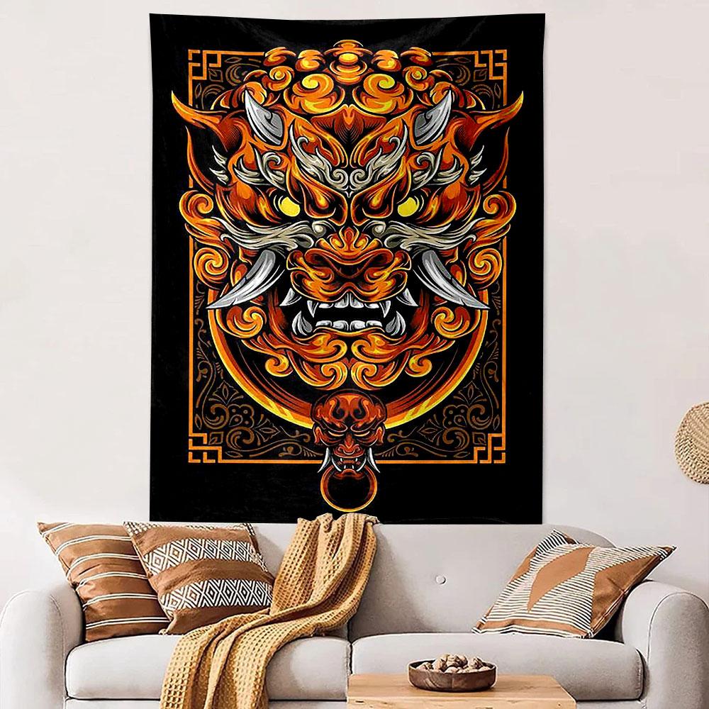Japanese Oni Demon Mask Orange Gold Cloud Pattern Ukiyo E Black Wall Tapestry Tattoo Decor for Man Cave Bedroom Gift