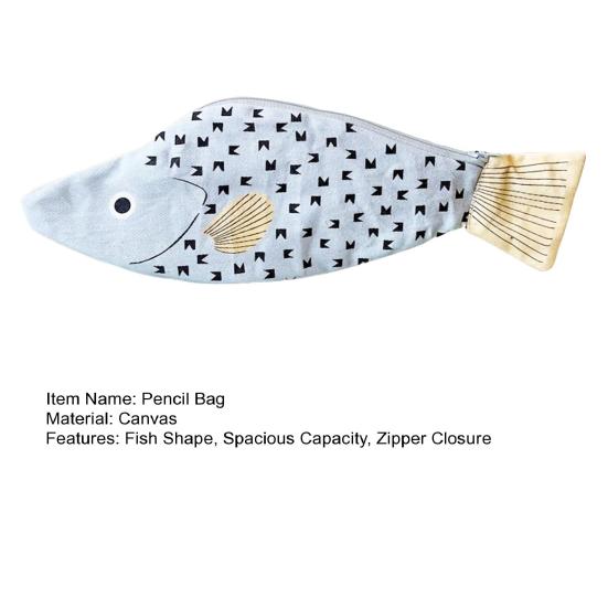 Pencil Bag Fish Shape Smooth Zipper Closure Pen Holder Large Capacity Thickened Canvas Stationery Organizer