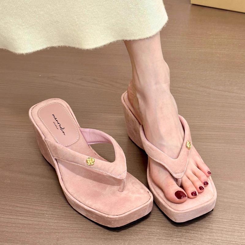 Fashion Summer New Brand Women Slipper Fashion High Wedge Heel Ladies Elegant Slides Square Toe Slip on Dress Flip Flop Zapatos Mujer