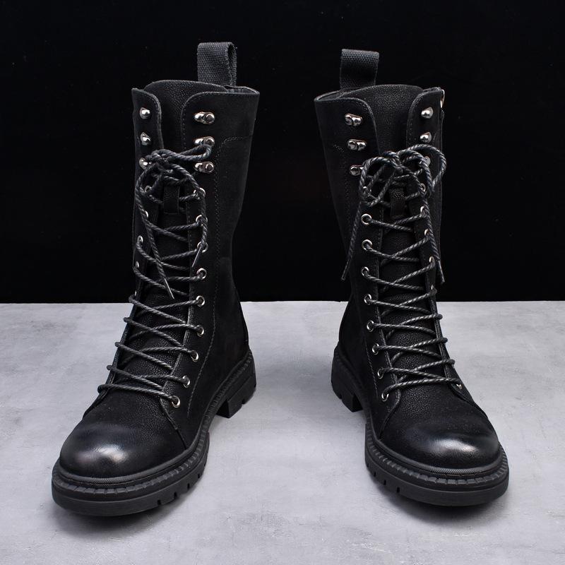 Korean version of Martin boots round head mid-tube leather boots trendy personality punk rock men's autumn and winter lace-up tooling cowboy boots