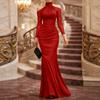 Damen Hals Sheer Mesh Off-Shoulder Langarm Abendkleid Elegant Bodenlang Raffung Formelles Kleid für Events Partys