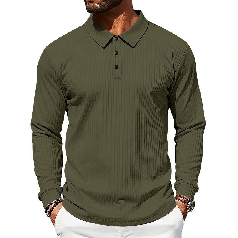 Mens Loose Turn Down Collar Long Sleeve Casual Business Solid Polo Shirt