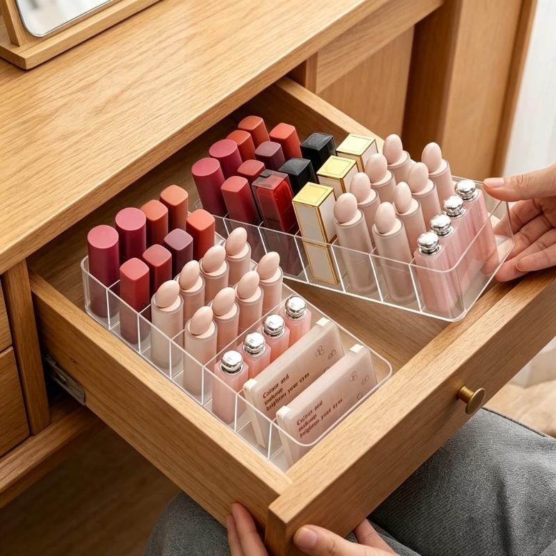 Clear Lipstick Organizer with Removable Dividers Transparent Plastic Makeup Holder for Lipsticks Brushes and Cosmetics On Vanity
