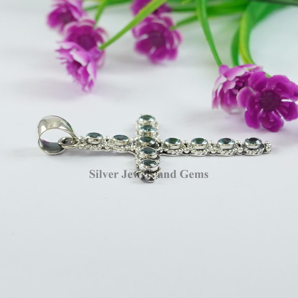 Natural Blue Topaz Cross Pendant, Anniversary Pendant, Round Gemstone Pendant, 925 Sterling Silver Pendant, Topaz Handmade Pendant