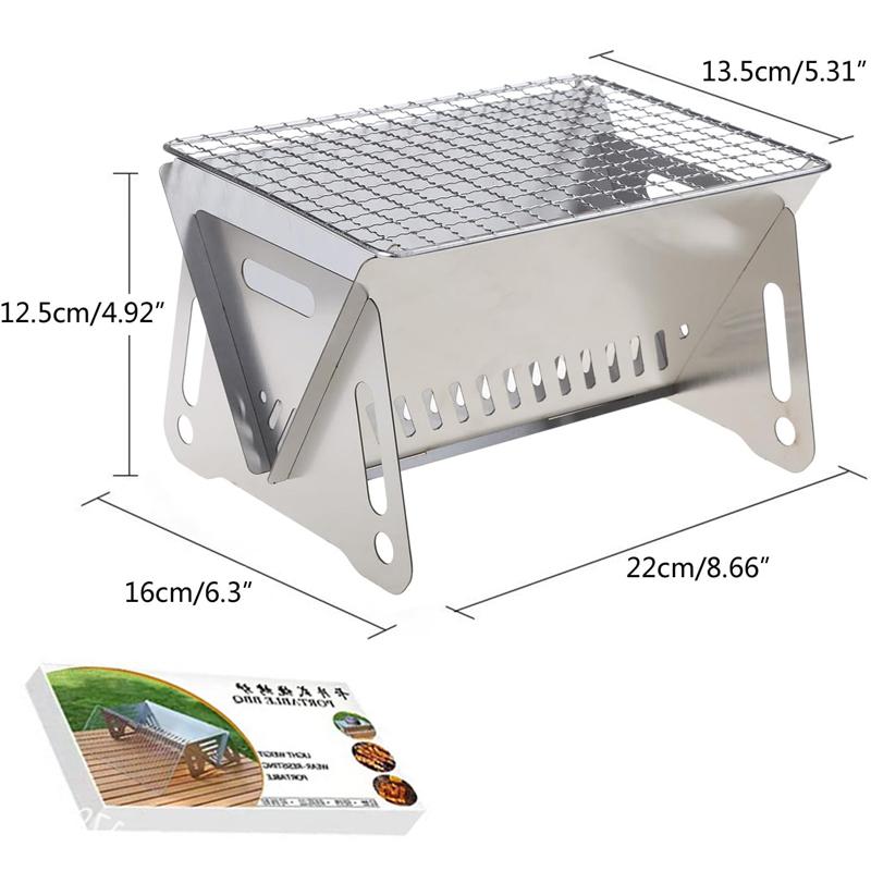 Portable Backpacking Stove with Grill Grid, Ultralight Folding Stainless Steel Charcoal Grill for Hiking, Picnic, and Garden BBQ