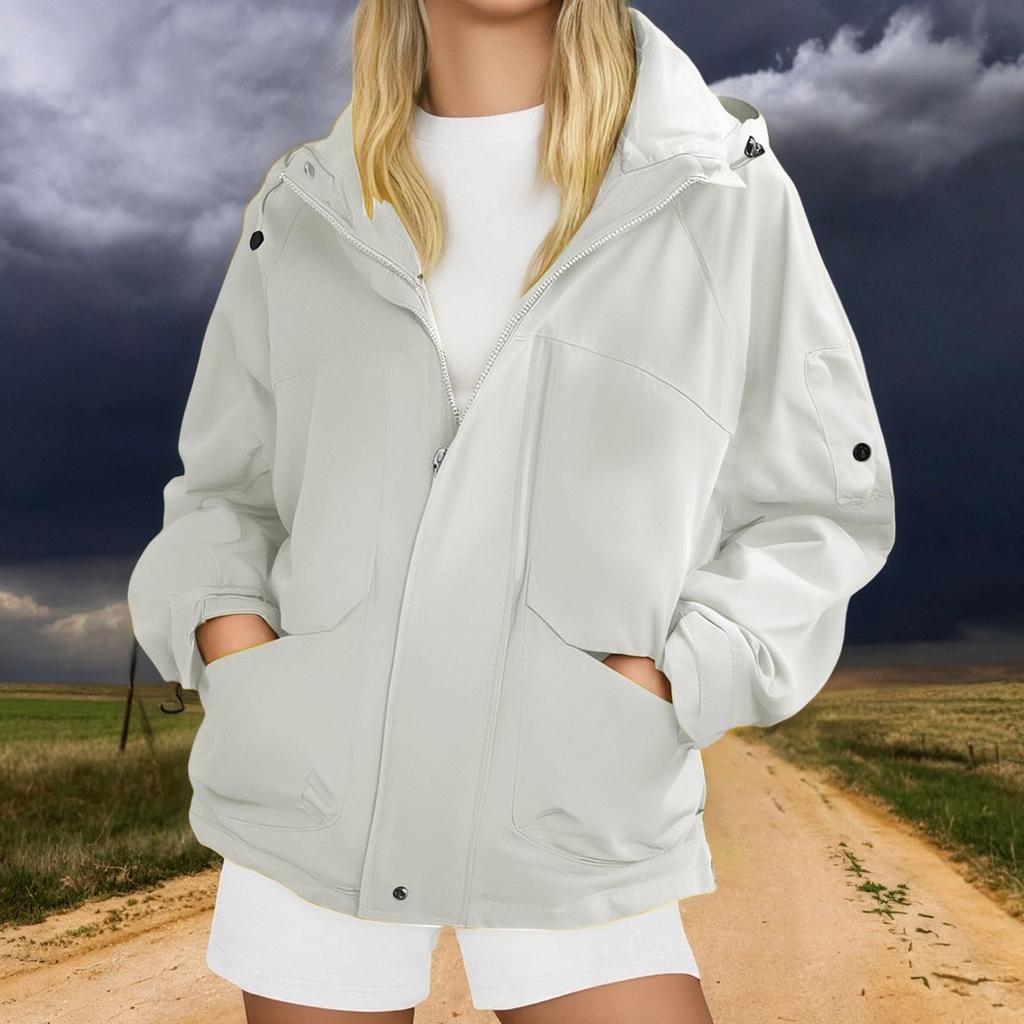 Women's Fashionable Thickened Hooded Outdoor Hiking Jacket Solid-Colour Windbreaker Outerwear