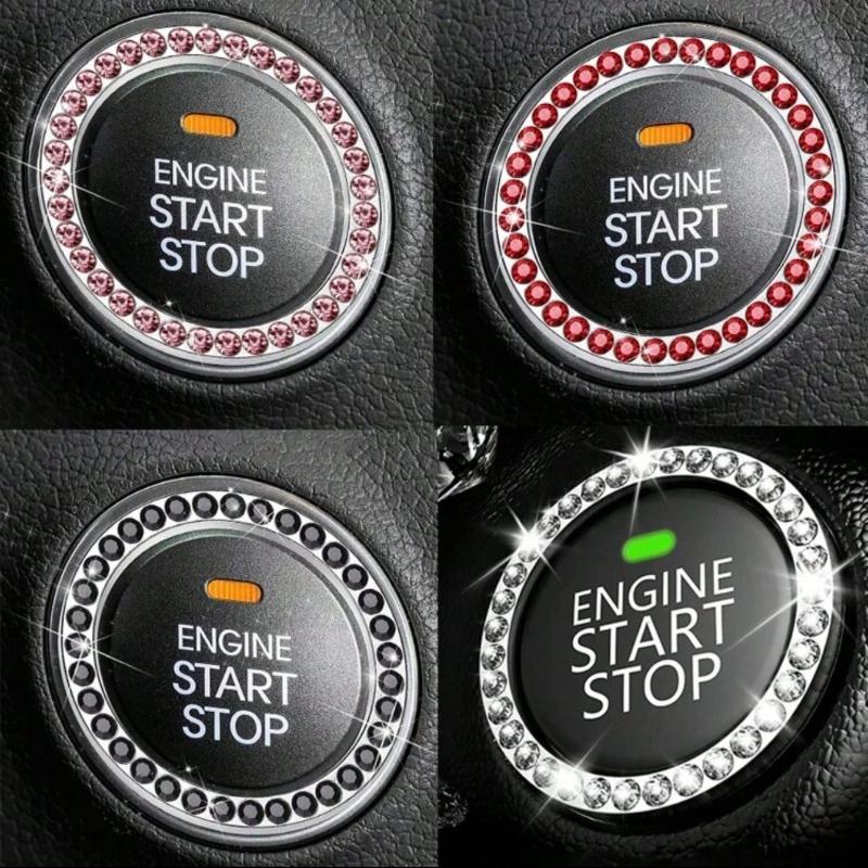 Car Interior Decor Logo Stickers, Shiny Rhinestone Car Ring Accessory for Women, Car Parts Ignition Start Button