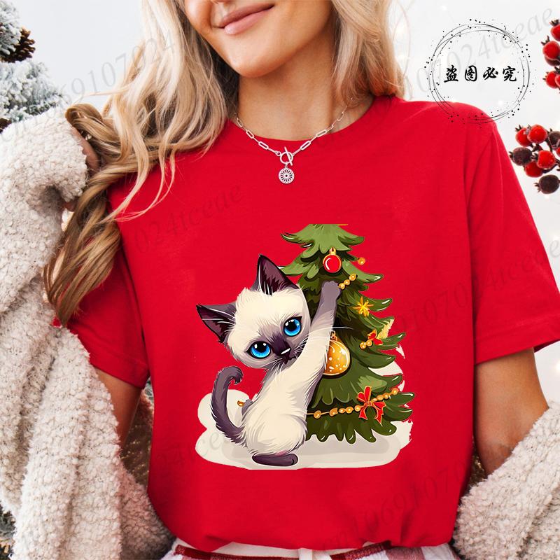 Funny Christmas Cat Women TShirt Xmas Cat Graphic TShirts Tops Short Sleeve Tees Casual Harajuku Street Tshirt Female Clothing