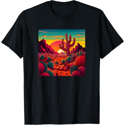 Trippy Desert Landscape Psychedelic Scene Cactus Mountains T-Shirt(1)