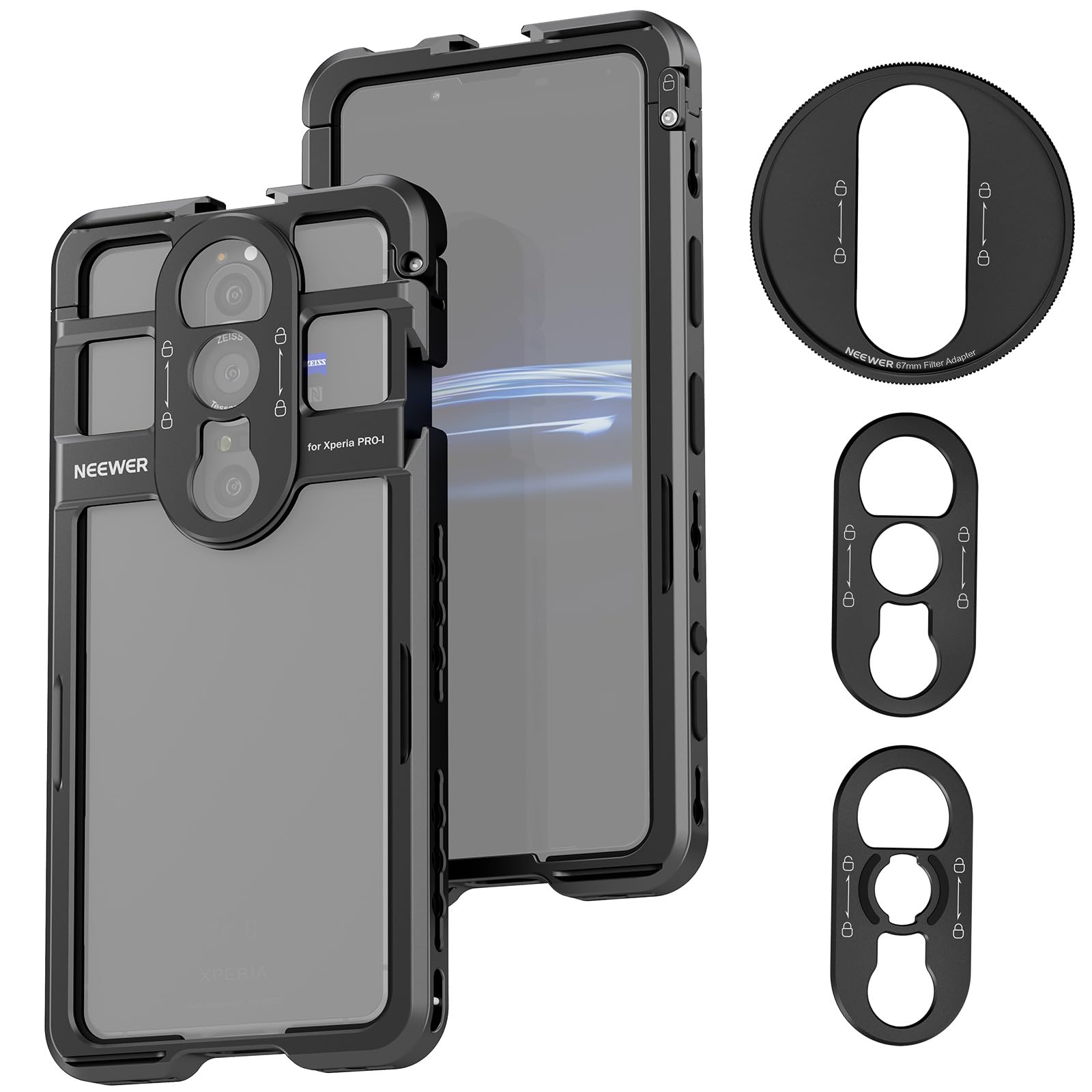

NEEWER Тримач-клітка для смартфона Сумісний з Xperia Відео Швидкознімний Стабілізатор для смартфона Тримач з 67-мм Фільтром 17-мм Кріплення для об єктива та Задня пластина для чорний