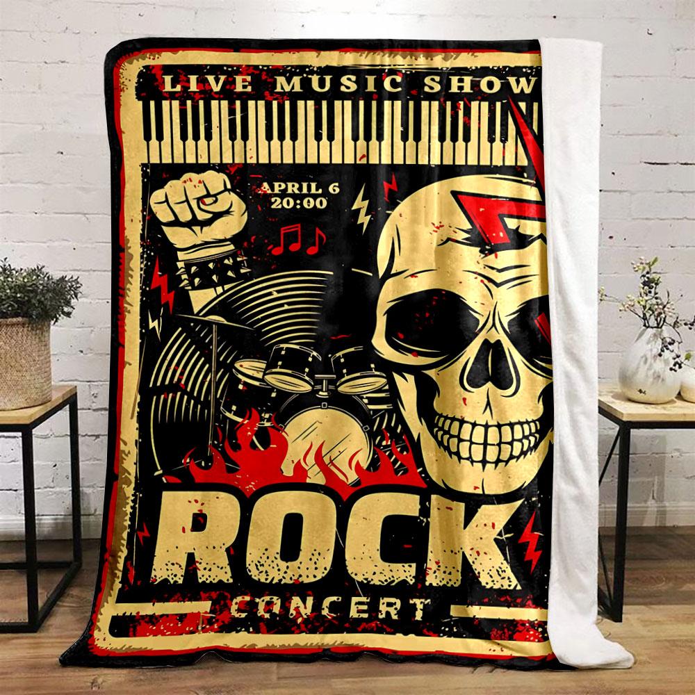 A rock concert poster with bold skull, flames, and musical motifs. for all seasons blanket lunch break throw gift