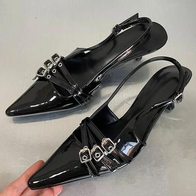New Female High Heel Shoes Summer Women Pointed Toe Leather Pu Party Footwear Buckle Strap Sandals Girl Pumps