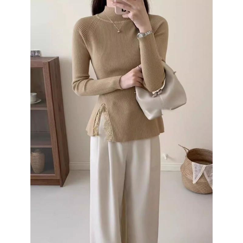 

Женский вязаный свитер с полувысоким воротником и разрезами, осенне-зимний, новый дизайн, кружевная вставка, с базовым топом average size [recommended 80-60 kg]