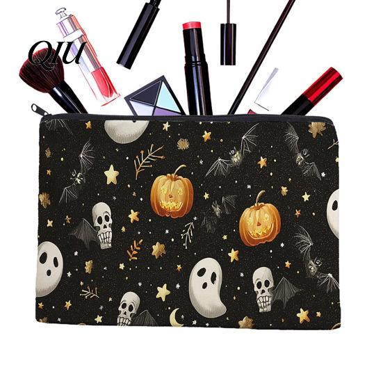 Festive Pumpkin Print Bag Halloween Storage Bag, with Ghost Pattern Design, Thickened Pencil Case Canvas Cosmetic Organizer, for Travel Stationery