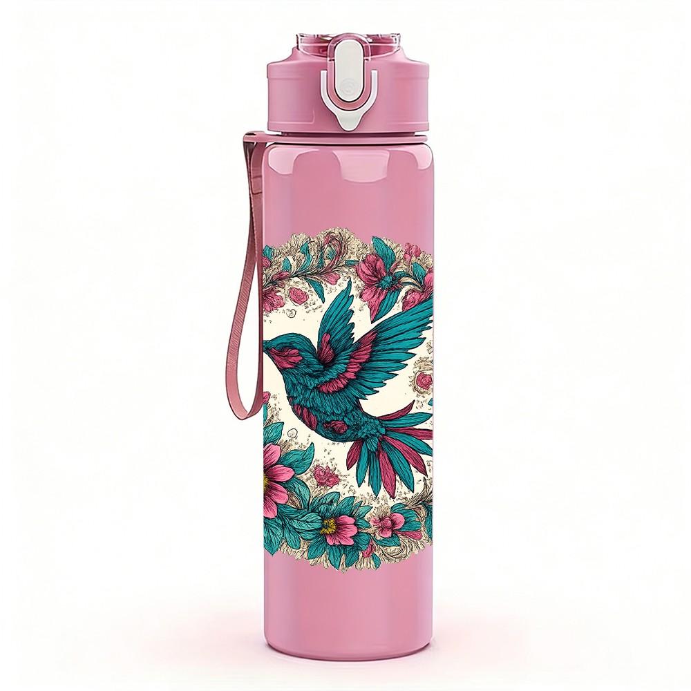 1PC Folk Bird Floral Circle 750ml Color Plastic Sports Water Bottle Leakproof Flip Straw Lid Suitable for Sports Office Home Use