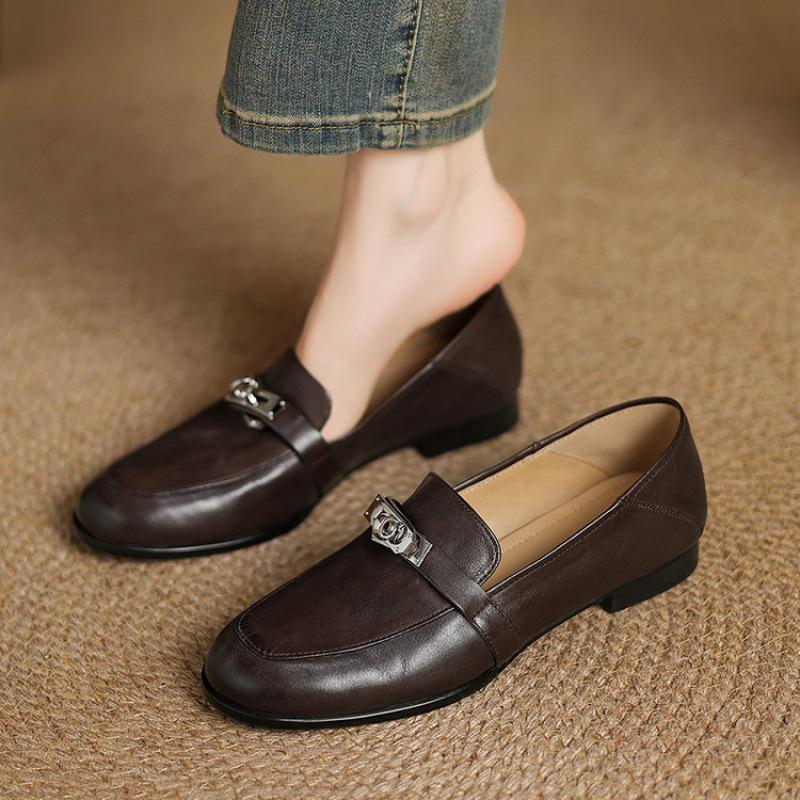 New Comfortable Casual Lazy Shoes Leather Shallow Mouth Low-top Single Shoes Women's Round Head Beef Tendon Soft Sole Shallow Mouth Large Size Wo