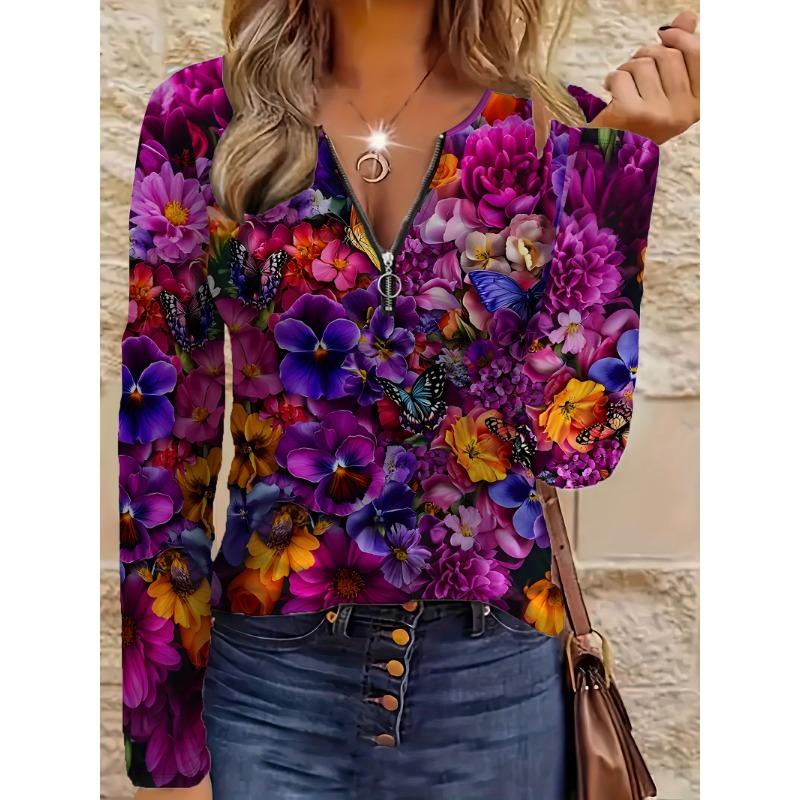 Comfortable Style Purple Red Painting Flower Element Printed Pattern Code Women's Clothing Garden Collar Zipper Long Sleeve