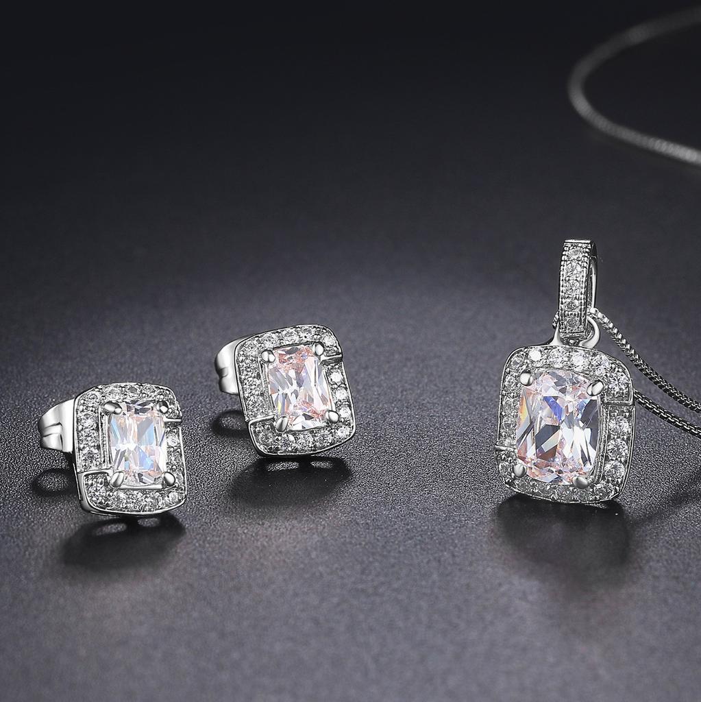 Simple Geometric Square Zircon Stud Earrings Pendant Necklace Women'S, Colored Gemstones Engagement Jewelry Set