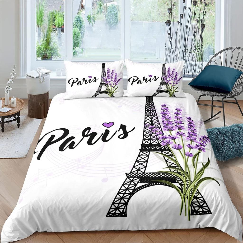 Eiffel Tower Duvet Cover Set King Size Love Heart Bedding Set Paris City Polyester Building Set For Girls France Urban Style
