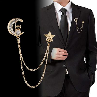 Men Elegant Lapel Pin Badge With Chain Owl Brooch Pin For Suit Tuxedo Star Moon Ramadan Corsage Collar Lapel Pin